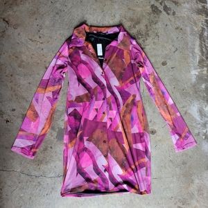 Pink Abstract Mesh Button Down Shirt Dress - Size 14